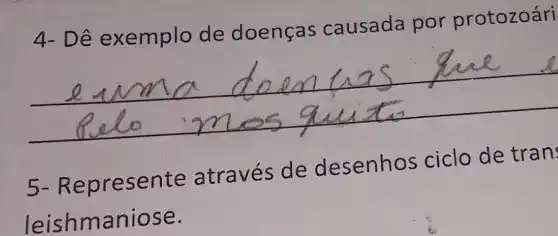 4- Dê e xemplo de doenças causada por protozoári
__
5- Re presente através de desenho s ciclo de tran
leishmaniose.