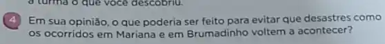 (4) Em sua opinião, o que poderia ser feito para evitar que desastres como
os ocorridos em Mariana e em Brumadinho voltem a acontecer?