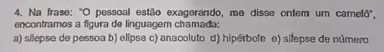 4. Na frase: "O pessoal estão exagerando, me disse ontem um camelô",
encontramos a figura de linguagem chamada:
a) silepse de pessoa b) elipse c)anacoluto d)hipérbole e)sifepse de número