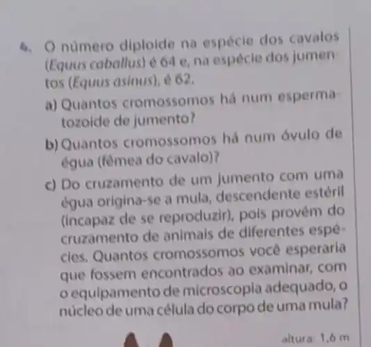 4. Onumero diploide na espécie dos cavalos
(Equus caballus) 664 e, na espécie dos jumen-
tos (Equus asinus), é 62.
a) Quantos cromossomos há num esperma-
tozolde de jumento?
b) Quantos cromossomos há num ovulo de
égua (fèmea do cavalo)?
c) Do cruzamento de um jumento com uma
égua origina-se a mula, descendente estéril
(incapaz de se reproduzir), pois provém do
cruzamento de animais de diferentes espé-
cies. Quantos cromossomos você esperaria
que fossem encontrados ao examinar, com
equipamento de microscopia adequado , o
nucleo de uma célula do corpo de uma mula?
altura: 1,6 m