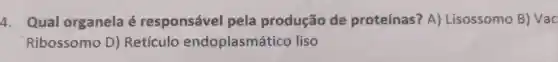 4. Qual organela é responsável pela produção de proteínas ? A) Lisossomo B) Vac
Ribossomo D)Retículo endoplasmático liso