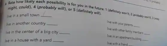 4. Rate how likely each possibility is for you in the future: 1 (definitely won't), 2 (probably won't), 3 (may,
might, could), 4 (probably will), or 5 (definitely will).
might,
live in a small town
__
live with your parents __
live in another country
__
live with other family members __
live in the center of a big city
__
live in an apartment building __
live in a house with a yard
__
live with a friend