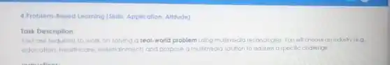 4.Problem-Based Learning (Skills, Application, Altitude)
Task Description:
You are required to work on solving a real-world problem using multimedia technologies. You will choose an industry 1e.g.
education, healthcare entertainment) and propose a multimedia solution to address a specific challenge.