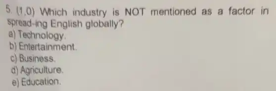 5. (1,0) Which industry is NOT mentioned as a factor in
spread-ing English globally?
a)Technology.
b) Entertainment.
c) Business.
d) Agriculture
e) Education.