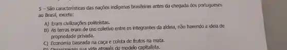 5 - São características das nacōes indigenas brasileiras antes da chegada dos portugueses
ao Brasil exceto:
A) Eram civilizações politeístas.
B) AS terras eram de uso coletivo entre os integrantes da aldeia , não havendo a ideia de
propriedade privada.
C)Economia baseada na caça e coleta de frutos na mata.
n Oraanizavar sua vida através do modelo capitalista.