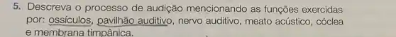 5. Descreva o processo de audição mencionando as funções exercidas
por: ossículos , pavilhão auditivo , nervo auditivo , meato acústico , cóclea
e membrana timpânica.