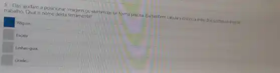 5. Elas ajudam a posicionar elementos de forma precisa Ela tambem calcula a distância entre dois pontos na area de trabalho. Qual o nome desta ferramenta?
Reguas.
Escala
Linhas-guia.
Grade.