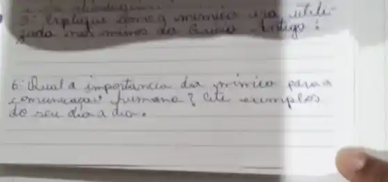 5: Explique amo g mernico era utiliada nos miros da Gricio Antigo:
6. Qual a importancia da rímico para a comunicacai humano? Cite exemplos do seu dia a dio.