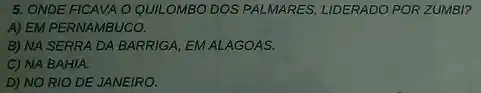 5. ONDE FICAVA O QUILOMBO DOS PALMARES LIDERADO POR ZUMBI?
A) EM PERNAMBUCO.
B) NA SERRA DA BARRIGA, EM ALAGOAS.
C) NA BAHIA.
D) NO RIO DE JANEIRO.