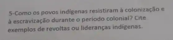 5-Como os povos indigenas resistiram à colonização e
à escravização durante o período colonial? Cite
exemplos de revoltas ou lideranças indigenas.