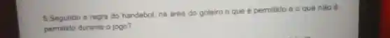 5.Segundo a regra do handebol, na área do goleiro o que é permitido e o que nào é
permitido durante o jogo?