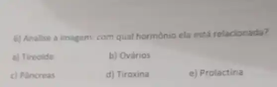 6) Analise a imagem: com qual hormônio ela está relacionada?
a) Tireoide
b) Ovários
c) Pancreas
d) Tiroxina
e) Prolactina