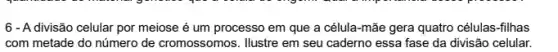 6 - A divisão celular por meiose é um processo em que a célula-mãe gera quatro células-filhas
com metade do número de cromossomos. Ilustre em seu caderno essa fase da divisão celular.