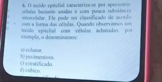 6. O tecido epitelial caracteriza-se por apresentar
celulas bastante unidas c com pouca substancin
intercelular. Ele pode ser classificado de acordo
com a forma das células.Quando observamos tim
tecido epitelial com células achatadas, por
exemplo, o denominamos:
a) colunar.
b) pavimentoso.
c) estratificado.
d) cúbico.