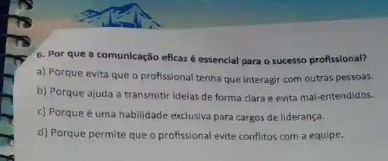 6. Por que a comunicação eficaz é essencial para o sucesso profissional?
a) Porque evita que o profissional tenha que interagir com outras pessoas.
b) Porque ajuda a transmitir ideias de forma clara e evita mal -entendidos.
c) Porque é uma habilidade exclusiva para cargos de liderança.
d) Porque permite que o profissional evite conflitos com a equipe.