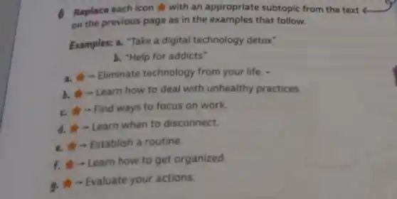 (6) Replace each icon with an appropriate subtopic from the text
on the previous page as in the examples that follow.
Examples: a. "Take a digital technology detox"
b. "Help for addicts"
a. - Eliminate technology from your life. -
b. -Learn how to deal with unhealthy practices.
c. - Find ways to focus on work.
d. -Learn when to disconnect.
e. - Establish a routine.
f. -Learn how to get organized.
g. - Evaluate your actions.