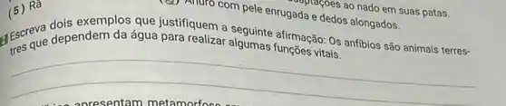 . 6 ) Rã
Escreve dependem da água para realizar algumas dfirmação: Os anfibios são animais terres-
exemplos que justifiquem
__
(d) Anuro com pele enrugada e dedos alongados.
aplaçoes ao nado em suas patas.