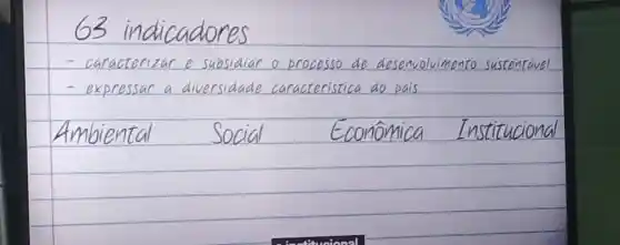 63 indicado
-caracterizar subsidiar ocesso de desenvolvimento sustentavel
- expressar a diversidade caracteristica do pais
Ambiental Social Economica Institucional