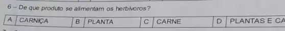 6-De que produto se alimentam os herbívoros?
A
CARNICA
B
PLANTA
CARNE
D
PLANTAS E