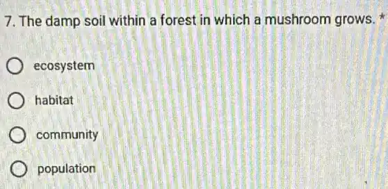 7. The damp soil within a forest in which a mushroom grows.
ecosystem
habitat
community
population