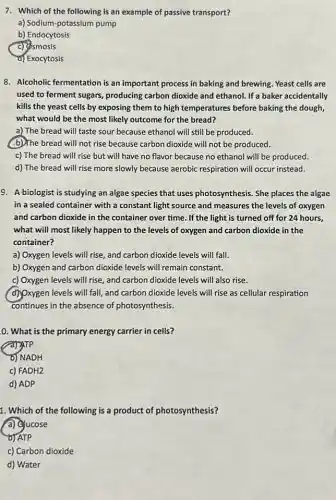 7. Which of the following is an example of passive transport?
a) Sodium-potassium pump
b) Endocytosis
c) Osmosis
d) Exocytosis
8. Alcoholic fermentation is an important process in baking and brewing. Yeast cells are
used to ferment sugars producing carbon dioxide and ethanol. If a baker accidentally
kills the yeast cells high temperatures before baking the dough,
what would be the most likely outcome for the bread?
a) The bread will taste sour because ethanol will still be produced.
b)The bread will not rise because carbon dioxide will not be produced.
c) The bread will rise but will have no flavor because no ethanol will be produced.
d) The bread will rise more slowly because aerobic respiration will occur instead.
9. A biologist is studying an algae species that uses photosynthesis. She places the algae
in a sealed container with a constant light source and measures the levels of oxygen
and carbon dioxide in the container over time . If the light is turned off for 24 hours,
what will most likely happen to the levels of oxygen and carbon dioxide in the
container?
a) Oxygen levels will rise, and carbon dioxide levels will fall.
b) Oxygen and carbon dioxide levels will remain constant.
c) Oxygen levels will rise, and carbon dioxide levels will also rise.
d) Oxygen levels will fall , and carbon dioxide levels will rise as cellular respiration
continues in the absence of photosynthesis.
0. What is the primary energy carrier in cells?
A)ATP
b) NADH
c) FADH2
d) ADP
1. Which of the following is a product of photosynthesis?
a) Qucose
b) ATP
c) Carbon dioxide
d) Water
