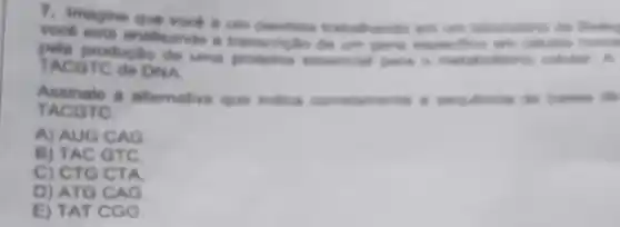 7. Imagine que vock eun
voce eata analisando
pela productio de uma proteins emencial para o
TACOTC de DNA
Assinale a altemative que indica comataments a sequencin de bases des
TACGTC
A) AUG CAG
B) TAC GTC
C) CTG CTA
D) AT G CAG.
E) TAT CGG