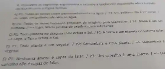 8. Considere os seguintes argumentes e assinale a opção cujo argumento nào é correto
do accordo coin a logica formal
polices vivem temente na agua.1 P2: Um golfinhe nào é um peixe . I
-> Logo, um golfinhe nto vive na dgva.
B) PL Todos os seres humanos precisam de oxigênio para sobreviver. / P2:Maria é um ser
humano. / ->Logo, Maria precisa de oxigênio para sobreviver.
C) PL: Todo planeta no sistema solar orbita o Sol.P2: A Terra é um planeta no sistema solar.
-> Lago, a Terra orbita o Sol.
D) P1: Toda planta é um vegetal. / P2 : Samambaia é uma planta. /-> Samambaia é
vegetal.
E) P1: Nenhuma favore é capaz de falar . / P2: Um carvalho é uma árvore . 1-> Los
carvalho não é capaz de falar.