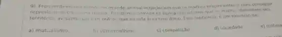 9) Frequente mente vemos no mundo animal espécies em que os machos brigam entre si gara conseguir
reproduzir-se com uma femea . Também é comum na época reprodutiva que os machos delimitem seu
território , avisando para os outros que aquela área tem dono Esse fenômenoe um exemplo de:
a) mutualismo.
b) comensalismo.
c) competição.
d) sociedade
e) colônia