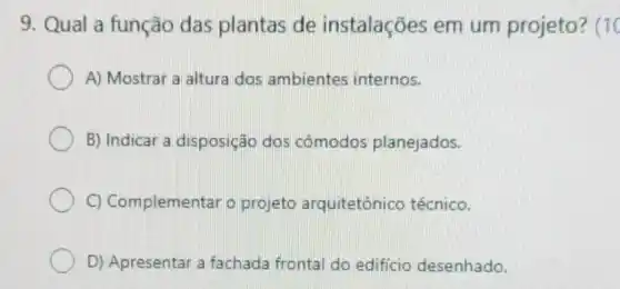 9. Qual a função das plantas de instalações em um projeto? (1
A) Mostrar a altura dos ambientes internos.
B) Indicar a disposição dos cômodos planejados.
C) Complementar o projeto arquitetônico técnico.
D) Apresentar a fachada frontal do edificio desenhado.