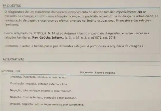 9 QUESTÃO
diagnóstico de um transtorno do neurodesenvolvimento no âmbito familiar especialmente em se
tratando de crianças constitui uma situação de impacto, podendo repercutir na mudança da rotina diária, na
readaptação de papéis e ocasionando efeitos diversos no âmbito ocupacional, financeiro e das relações
familiares.
Fonte: adaptado de: PINTO ,R. N. M.et al. Autismo infantil.impacto do diagnóstico e repercussões nas
relações familiares. Rev.Gaúcha Enferm, [s. L]v. 37, n.3 p. e61572, set. 2016.
Conforme o autor, a familia passa por diferentes estágios. A partir disso, a sequência de estágios é:
ALTERNATIVAS
04/11/2024, 11:08
Unicesumar - Ensino a Distância
Impacto, frustração, enfoque externo e luto.
Frustração, negação, enfoque externo e luto.
Negação, luto, enfoque externo e encerramento.
Negação, frustração, luto , aceitação e tranquilidade.
Impacto, negação, luto enfoque externo e encerramento.