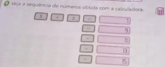 (9) Veja a sequência de números obtida com a calculadora.
5+2=
square  9.
square 
B
square