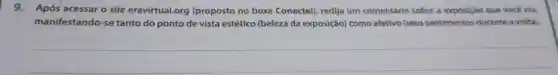 9.Após acessar o site eravirtual.org (proposto no boxe Conectel), redija um comentário sobre a exposição que vocé viu,
manifestando-se tanto do ponto de vista estético (beleza da exposição) como afetivo (seus sentimentos durante a visita).
__