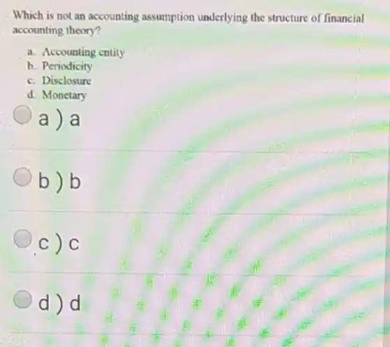 Which is not an accounting assumption underlying the structure of financial
accounting theory?
a. Accounting cntity
b. Periodicity
c. Disclosure
d. Monetary
a) a
b)b
c) C
d)d