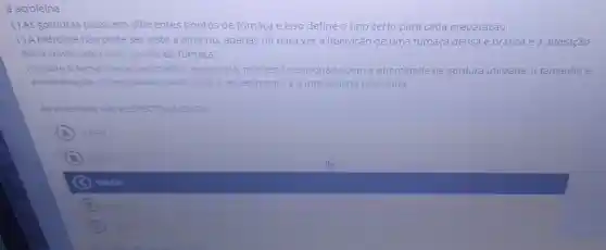 a acroleina.
( ) As gorduras possuem diferentes pontos de fumaça e isso define o tipo derto para cada preparação.
( ) A hidrolise não pode ser vista a olho nu, apenas dá para ver a liberação de uma fumaça densa e branca e a alteração
fisica conhecida como "ponto de fumaça".
() Sobre o tempo de aquecimento, esse varia pois está relacionado com a quantidade de gordura utilizada, o tamanho e
a composição do recipiente usado para o aquecimento e a intensidade da chama
As assertivas sao RESPECTIVAMENTE:
A VERN
B ENEV
C VMFN.
D
E