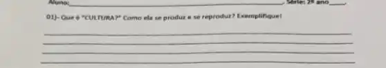 Aluno:	. Serle: 28 ano __
01)-Que 6 "CULTURA? Como ela se produze se reprodur? Exemplifiquel
__