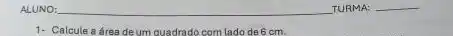 ALUNO: __ TURMA: __
1- Calcule a dreade um quadrado com lado de 6 cm.
