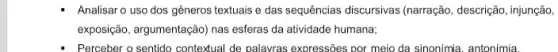 Analisar o uso dos gêneros textuais e das sequências discursivas (narração , descrição, injunção,
exposição, argumentação) nas esferas da atividade humana;
Perceber o sentido contextual de palavras expressões por meio da sinonimia, antonimia