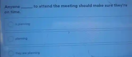 Anyone __ to attend the meeting should make sure they're
on time.
is planning
planning
they are planning