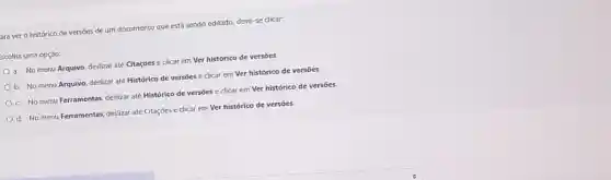 ara ver o histórico de versões de um documento que está sendo editado, deve-se clicar.
scolha uma opção:
a. No menu Arquivo deslizar até Citações e dicar em Ver histórico de versōes.
b. No menu Arquivo deslizar até Histórico de versões e clicar em Ver histórico de versões.
c. No menu Ferramentas deslizar até Histórico de versões e clicar em Ver histórico de versões.
d. No menu Ferramentas deslizar até Citaçōes e clicar em Ver histórico de versoes.