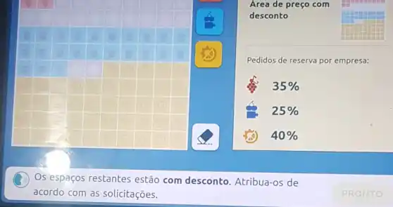 Area de preço com
desconto
Pedidos de reserva por empresa:
35% 
25% 
40% 
Os espaços restantes estão com desconto Atribua-os de
acordo com as solicitações.