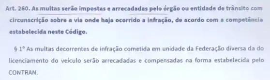 Art. 260. As multas serão impostas e arrecadadas pelo órgão ou entidade de trânsito com
circunscrição sobre a via onde haja ocorrido a infração, de acordo com a competência
estabelecida neste Código.
61^circ  As multas decorrentes de infração cometida em unidade da Federação diversa da do
licenciamento do veículo serão arrecadadas e compensadas na forma estabelecida pelo
CONTRAN.