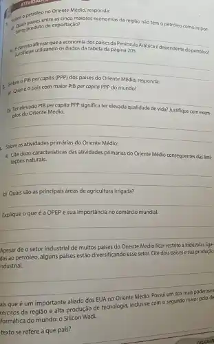 ATIVIDADE
petroleontreas cinco maiores
Questioduto de exportação?
economias da região não têm o petróleo como impor-
__
- Justifique utilizando os dados da tabela da página 205.
dependente do
__
a) Qualéo pais com maior PIB per capita PPP do mundo?
__
b)	de vida? Justifique com exem-
plos do Oriente Médio.
__
as atividades
a) Cite duas características das atividades primárias do Oriente Médio consequentes das limi-
tações naturais.
__
b) Quais são as principais áreas de agricultura irrigada?
__
Explique o que é a OPEP e sua importância no comércio mundial.
__
Apesar de o setor industrial de muitos países do Oriente Médio ficar restrito a indústrias liga-
das ao petróleo, alguns países estão diversificando esse setor. Cite dois países e sua produção
industrial.
__
ais que é um importante aliado dos EUA no
xércitos da região e alta produção de tecnologia inclusive com o segundo maior polo de
formática do mundo: 0 Silicon Wadi.
texto se refere a que país?
__