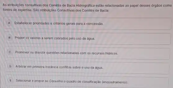 As atribuiçôes consultivas dos Comitês de Bacia Hidrográfica estão relacionadas ao papel desses órgãos como
fontes de expertise. São atribuições Consultivas dos Comitês de Bacia:
A Estabelecer prioridades e critérios gerais para a concessão.
B Propor os valores a serem cobrados pelo uso da água.
C Promover ou discutir questōes relacionadas com os recursos hidricos.
D Arbitrar em primeira instância conflitos sobre o uso da água.
E Selecionar e propor ao Conselho o quadro de classificação (enquadramento).