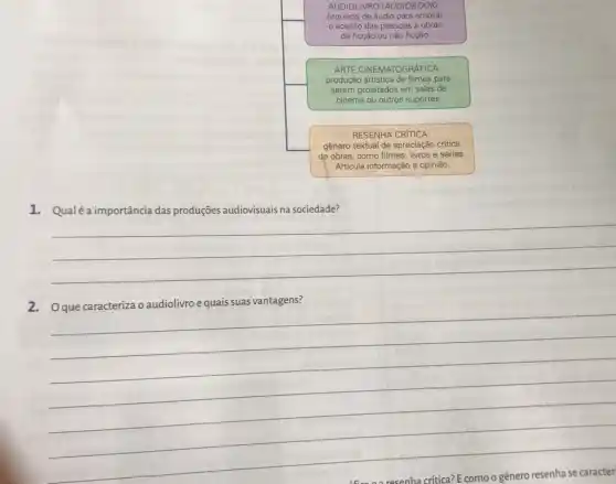 AUDIOLINRO (AUDIOBOOK):
Arquivos de áudio para ampliar
acesso das pessoas a obras
de ficção ou não ficção.
ARTE CINEMATOGRAFICA:
produção artistica de filmes para
serem projetados em salas de
cinema ou outros suportes.
RESENHA CRITICA:
gênero textual de apreciação crítica
de obras, como filmes livros e séries.
Articula informação e opinião.
1. Qualéa importância das produções audiovisuais na sociedade?
__
2.Oque caracteriza o audiolivro e quais suas vantagens?
__