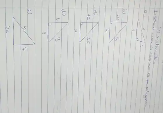 AY 3 matemático
1) Ealcula usando trelermar de pitagoras
a)
b)
e)
d)
e)