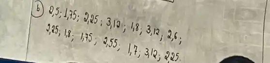 (b) 2,5 ; 1,75 ; 2,25 ; 3,12 ; 1,8 ; 3,12 ; 2,6 ; 2,25 ; 1,8 ; 1,75 ; 2,55 ; 1,7 ; 3,12 ; 2,25