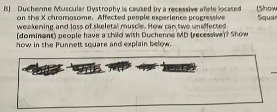 B) Duchenne Muscular Dystrophy is caused by a recessive allele located
on the X chromosor people experience progressive
weakening and loss of skeletal muscle . How can,two unaffected
(dominant) people have a child with Duchenne MD (recessive)? Show
how in the Punnett square and explain below,
square 
show
Squar