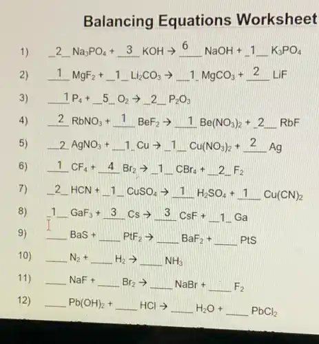 Balancing Equations Worksheet
1) 2Na_(3)PO_(4)+3KOHarrow ^6NaOH+_(-)^1K_(3)PO_(4)
2) 1MgF_(2)+1Li_(2)CO_(3)arrow 1MgCO_(3)+2LiF
3) 1P_(4)+5_(2)O_(2)arrow 2_(-)2P_(2)O_(3)
4) 2RbNO_(3)+1BeF_(2)arrow 1Be(NO_(3))_(2)+2RbF
5) 2AgNO_(3)+1Cuarrow 1Cu(NO_(3))_(2)+2Ag
6) 1CF_(4)+4Br_(2)arrow 1CBr_(4)+2F_(2)
7)
2HCN+1CuSO_(4)arrow 1H_(2)SO_(4)+1Cu(CN)_(2)
8)
9)
1CaF_(3)+3Csarrow 3CsF+_(-1)Ca BaS+ldots PtF_(2)arrow ldots BaF_(2)+ldots PtS
10)
N_(2)+ldots H_(2)arrow ldots NH_(3)
11)
NaF+Br_(2)arrow ldots NaBr+ldots F_(2)
12)
Pb(OH)_(2)+ldots HClarrow H_(2)O+ldots PbCl_(2)