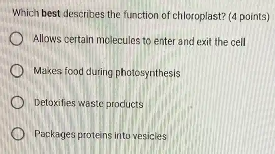 Which best describes the function of chloroplast? (4 points)
Allows certain molecules to enter and exit the cell
Makes food during photosynthesis
Detoxifies waste products
Packages proteins into vesicles