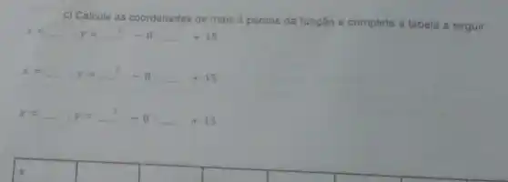 c) Calcule as coordenadas de mais 3 pontos da função e complete a tabela a seguir:
x= __ y=2^2-8cdot +15
x= __ y=2-8cdot +15
x= __ i y=2-8cdot +15
square 
square 
square 
square 
square